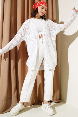 İp Bağlamalı Desenli Triko Hırka Beyaz - Triko Hırka