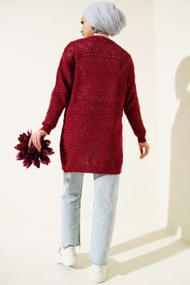 İp Bağlamalı Desenli Triko Hırka Bordo - Triko Hırka