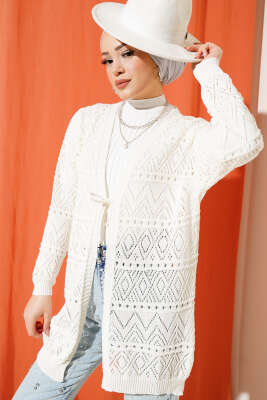 İp Bağlamalı Desenli Triko Hırka Ekru - Triko Hırka