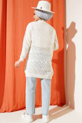 İp Bağlamalı Desenli Triko Hırka Ekru - Triko Hırka