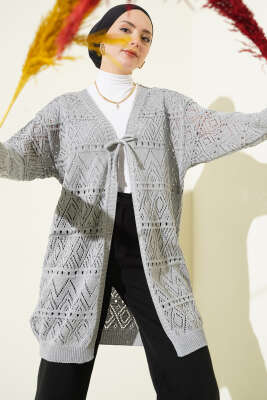 İp Bağlamalı Desenli Triko Hırka Gri - RAFİMİX