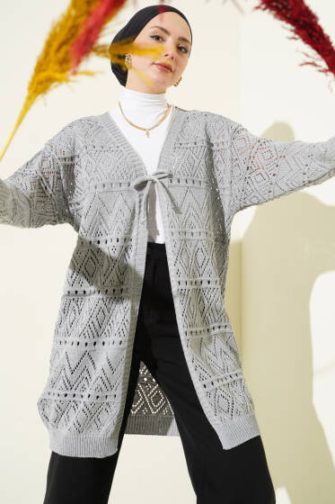 İp Bağlamalı Desenli Triko Hırka Gri - Hırka