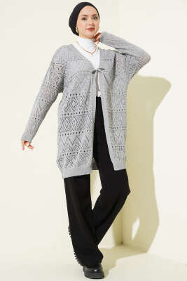 İp Bağlamalı Desenli Triko Hırka Gri - Hırka