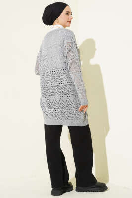 İp Bağlamalı Desenli Triko Hırka Gri - Hırka