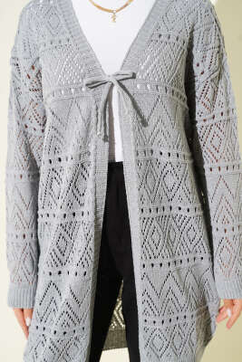 İp Bağlamalı Desenli Triko Hırka Gri - Hırka