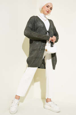 İp Bağlamalı Desenli Triko Hırka Haki - Triko Hırka