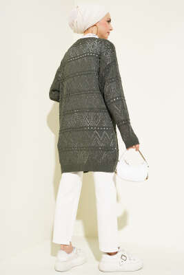 İp Bağlamalı Desenli Triko Hırka Haki - Triko Hırka