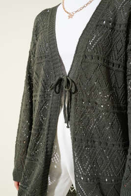 İp Bağlamalı Desenli Triko Hırka Haki - Triko Hırka