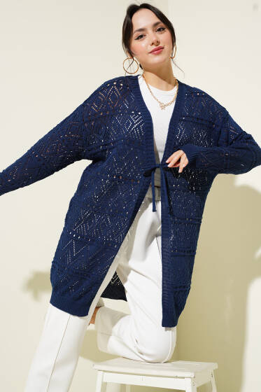 İp Bağlamalı Desenli Triko Hırka Lacivert - Hırka