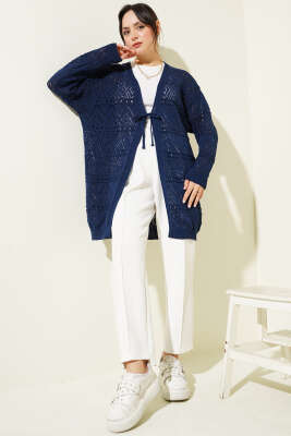 İp Bağlamalı Desenli Triko Hırka Lacivert - Triko Hırka