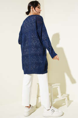 İp Bağlamalı Desenli Triko Hırka Lacivert - Triko Hırka