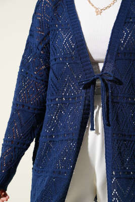 İp Bağlamalı Desenli Triko Hırka Lacivert - Triko Hırka