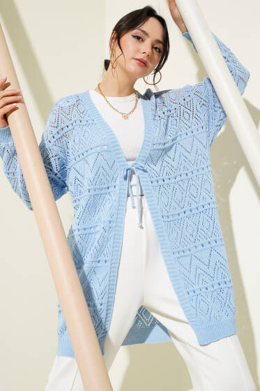 İp Bağlamalı Desenli Triko Hırka Mavi - Hırka