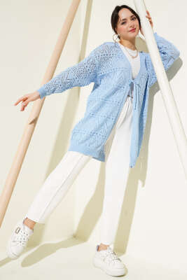 İp Bağlamalı Desenli Triko Hırka Mavi - Triko Hırka