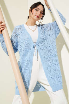 İp Bağlamalı Desenli Triko Hırka Mavi 