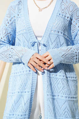 İp Bağlamalı Desenli Triko Hırka Mavi - Triko Hırka