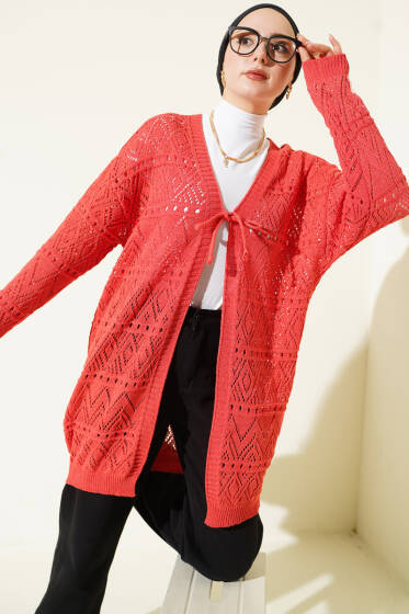 İp Bağlamalı Desenli Triko Hırka Mercan - Hırka