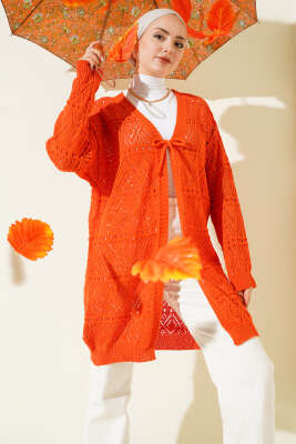 İp Bağlamalı Desenli Triko Hırka Oranj - RAFİMİX