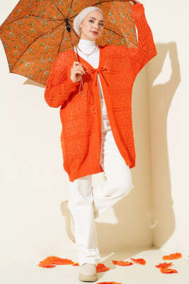 İp Bağlamalı Desenli Triko Hırka Oranj - Hırka