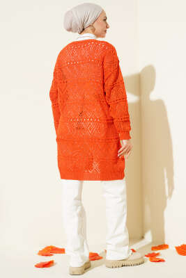 İp Bağlamalı Desenli Triko Hırka Oranj - Hırka