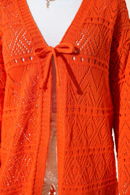 İp Bağlamalı Desenli Triko Hırka Oranj - Hırka