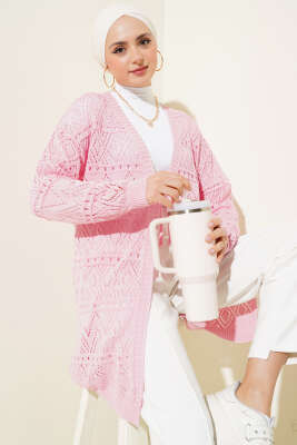 İp Bağlamalı Desenli Triko Hırka Pembe 