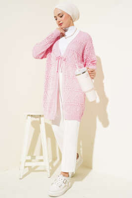 İp Bağlamalı Desenli Triko Hırka Pembe - Triko Hırka