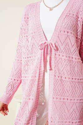 İp Bağlamalı Desenli Triko Hırka Pembe - Triko Hırka