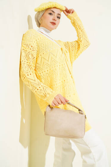 İp Bağlamalı Desenli Triko Hırka Sarı - Hırka