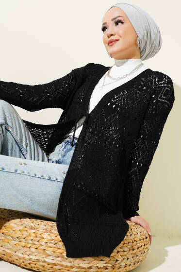 İp Bağlamalı Desenli Triko Hırka Siyah - Hırka