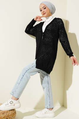 İp Bağlamalı Desenli Triko Hırka Siyah - Triko Hırka