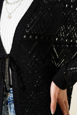 İp Bağlamalı Desenli Triko Hırka Siyah - Triko Hırka