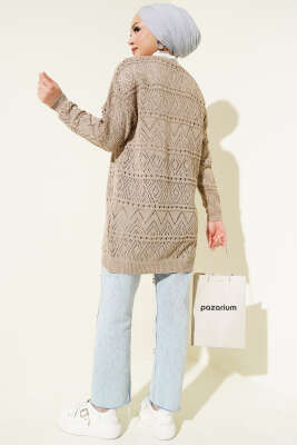 İp Bağlamalı Desenli Triko Hırka Vizon - Triko Hırka