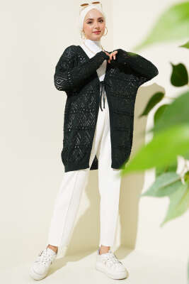 İp Bağlamalı Desenli Triko Hırka Zümrüt - Triko Hırka