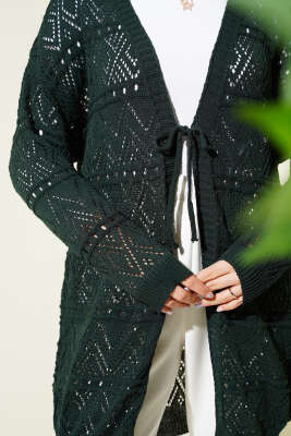 İp Bağlamalı Desenli Triko Hırka Zümrüt - Triko Hırka