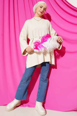 İp Bağlamalı Duble Kol Triko Tunik Bej - Tunik