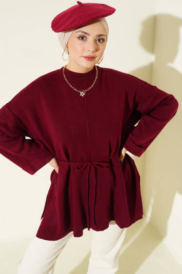 İp Bağlamalı Duble Kol Triko Tunik Bordo - Tunik