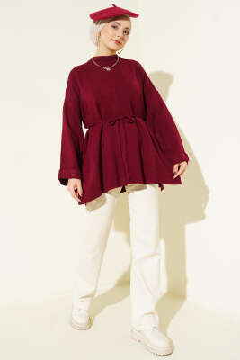 İp Bağlamalı Duble Kol Triko Tunik Bordo - Tunik
