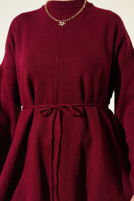 İp Bağlamalı Duble Kol Triko Tunik Bordo - Tunik