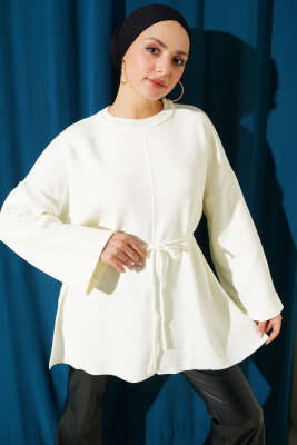 İp Bağlamalı Duble Kol Triko Tunik Ekru - VAV TEKSTİL