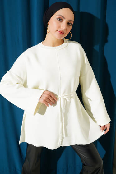 İp Bağlamalı Duble Kol Triko Tunik Ekru - Günün Seçilenleri