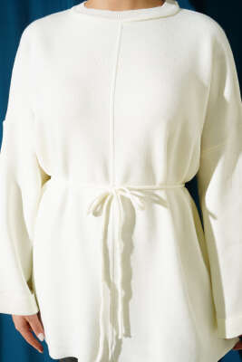 İp Bağlamalı Duble Kol Triko Tunik Ekru - Günün Seçilenleri