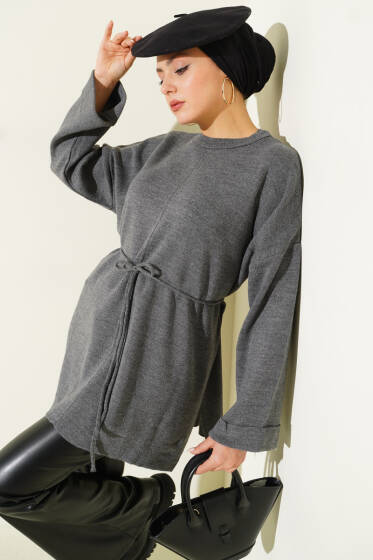 İp Bağlamalı Duble Kol Triko Tunik Füme - Günün Seçilenleri