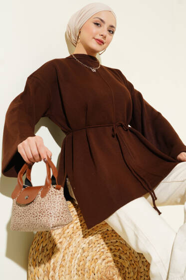 İp Bağlamalı Duble Kol Triko Tunik Kahve - Tunik