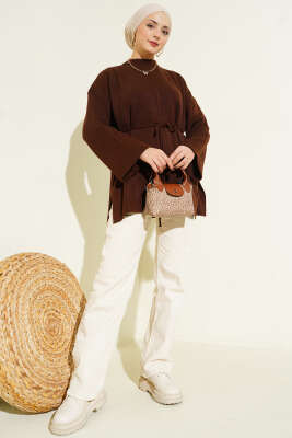 İp Bağlamalı Duble Kol Triko Tunik Kahve - Tunik