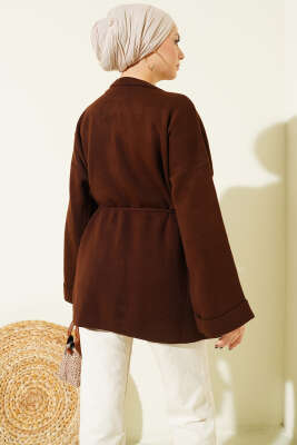İp Bağlamalı Duble Kol Triko Tunik Kahve - Tunik