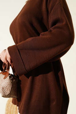 İp Bağlamalı Duble Kol Triko Tunik Kahve - Tunik