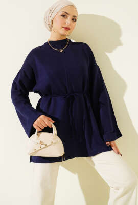 İp Bağlamalı Duble Kol Triko Tunik Lacivert - VAV TEKSTİL