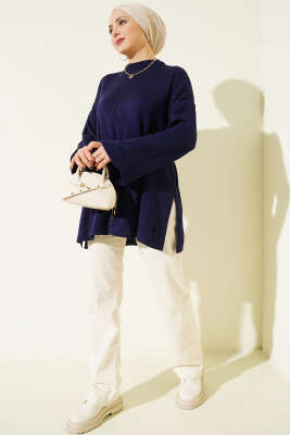 İp Bağlamalı Duble Kol Triko Tunik Lacivert - Tunik