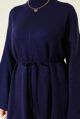 İp Bağlamalı Duble Kol Triko Tunik Lacivert - Tunik